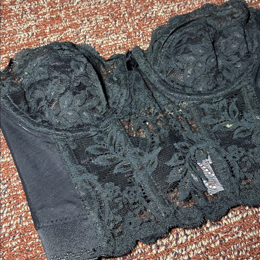 Fleur De Lace black eyelet lace bustier sheer delicate lace bra 34B